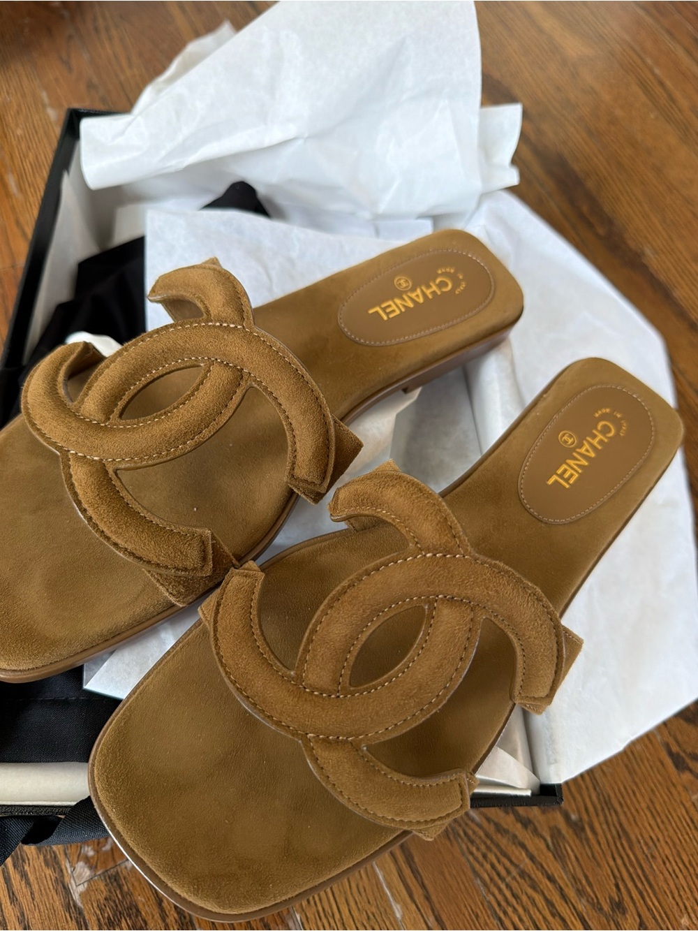 CHANEL Tan Suede Interlocking CC Slide Sandals